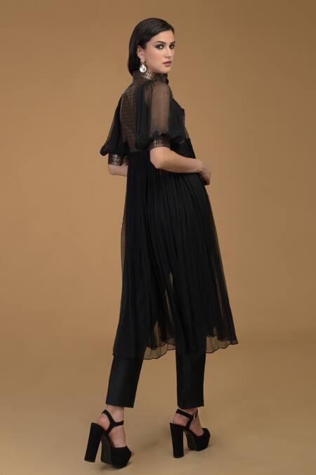 Shop Talking Threads Black Silk Brocade High Neck Flared Anarkali And Pant Set Online at Aza Fashions Shop_Talking Threads_Black Silk Brocade High Neck Flared Anarkali And Pant Set _Online_at_Aza_Fashions