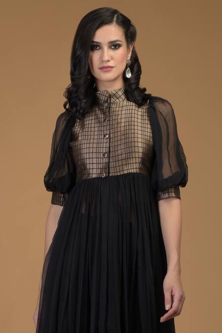 Talking Threads Black Silk Brocade High Neck Flared Anarkali And Pant Set at Aza Fashions Talking Threads_Black Silk Brocade High Neck Flared Anarkali And Pant Set _at_Aza_Fashions