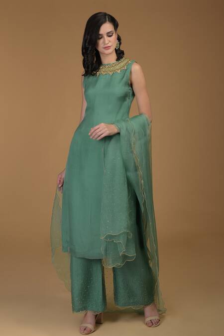 Talking Threads_Green Silk Organza Round Kurta Set_Online_at_Aza_Fashions