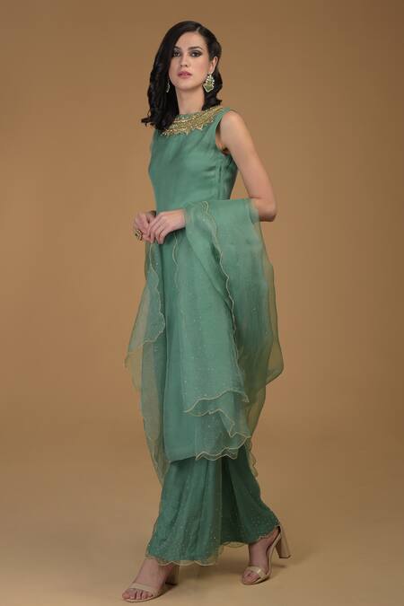 Buy_Talking Threads_Green Silk Organza Round Kurta Set_Online_at_Aza_Fashions
