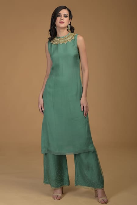 Shop_Talking Threads_Green Silk Organza Round Kurta Set_Online_at_Aza_Fashions
