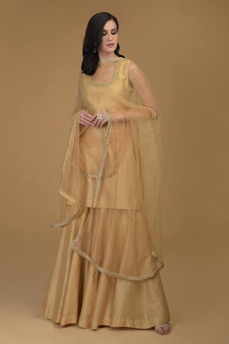 Buy_Talking Threads_Gold Kurta And Pant Chanderi Dupatta Net Round Straight Set _Online_at_Aza_Fashions