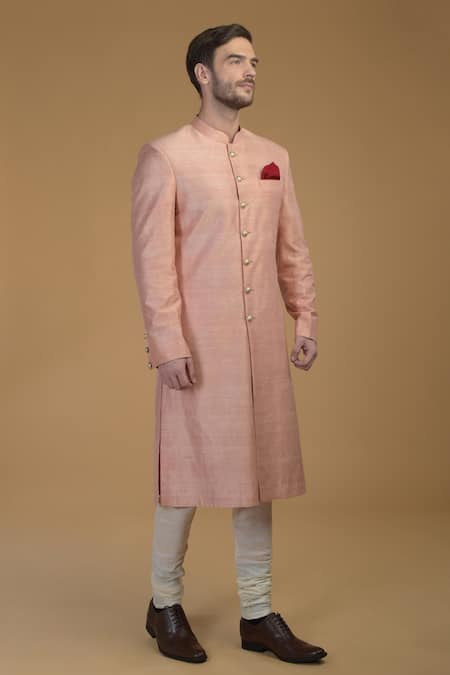 Talking Threads_Pink Churidar- Cotton , Sherwani- Pure Raw Set_Online_at_Aza_Fashions