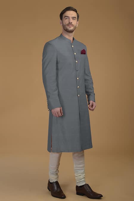 Talking Threads_Grey Churidar- Cotton , Sherwani- Pure Raw Set_Online_at_Aza_Fashions