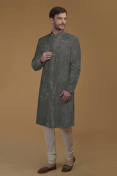Talking Threads Grey Silk Velvet Sherwani Set 