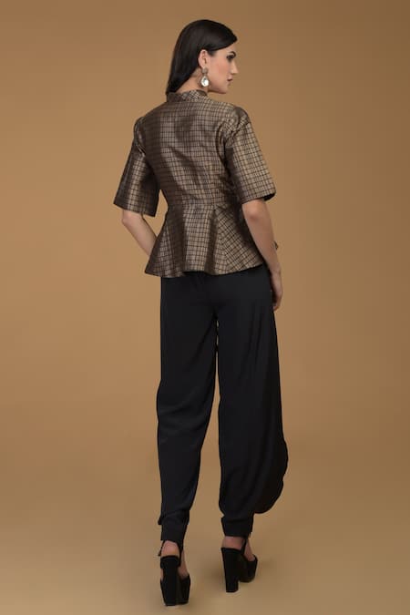 Shop Talking Threads Black Silk Brocade Mandarin Collar Top And Dhoti Pant Set at Aza Fashions Shop_Talking Threads_Black Silk Brocade Mandarin Collar Top And Dhoti Pant Set _at_Aza_Fashions
