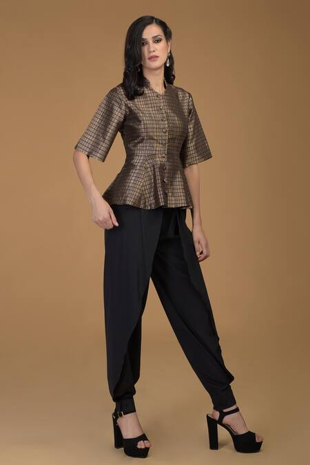 Talking Threads Black Silk Brocade Mandarin Collar Top And Dhoti Pant Set Online at Aza Fashions Talking Threads_Black Silk Brocade Mandarin Collar Top And Dhoti Pant Set _Online_at_Aza_Fashions