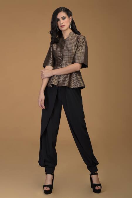 Buy Talking Threads Black Silk Brocade Mandarin Collar Top And Dhoti Pant Set Online at Aza Fashions Buy_Talking Threads_Black Silk Brocade Mandarin Collar Top And Dhoti Pant Set _Online_at_Aza_Fashions