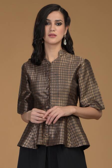 Shop Talking Threads Black Silk Brocade Mandarin Collar Top And Dhoti Pant Set Online at Aza Fashions Shop_Talking Threads_Black Silk Brocade Mandarin Collar Top And Dhoti Pant Set _Online_at_Aza_Fashions