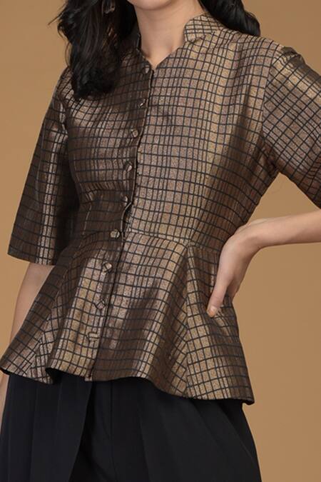 Talking Threads Black Silk Brocade Mandarin Collar Top And Dhoti Pant Set at Aza Fashions Talking Threads_Black Silk Brocade Mandarin Collar Top And Dhoti Pant Set _at_Aza_Fashions