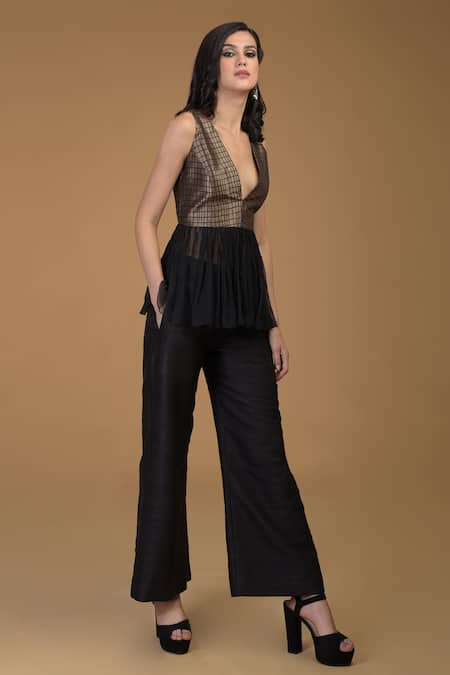 Talking Threads Black Raw , Brocade V Neck Peplum Top And Pant Set Online at Aza Fashions Talking Threads_Black Raw , Brocade V Neck Peplum Top And Pant Set _Online_at_Aza_Fashions