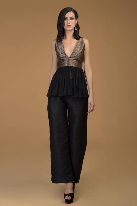 Buy Talking Threads Black Raw , Brocade V Neck Peplum Top And Pant Set Online at Aza Fashions Buy_Talking Threads_Black Raw , Brocade V Neck Peplum Top And Pant Set _Online_at_Aza_Fashions