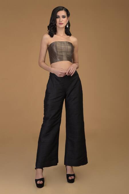 Talking Threads_Black Silk Brocade Round Cape Top And Pant Set _Online_at_Aza_Fashions