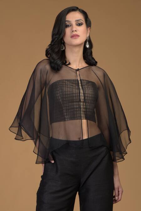 Shop_Talking Threads_Black Silk Brocade Round Cape Top And Pant Set _Online_at_Aza_Fashions