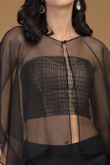 Talking Threads Black Silk Brocade Round Cape Top And Pant Set at Aza Fashions Talking Threads_Black Silk Brocade Round Cape Top And Pant Set _at_Aza_Fashions