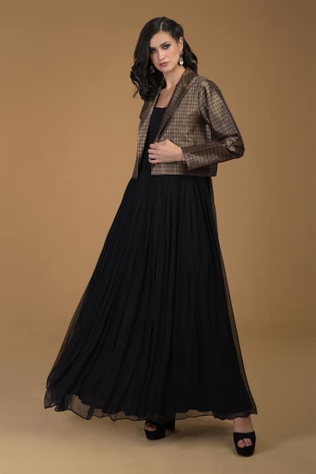 Buy_Talking Threads_Black Silk Brocade Gown Round Jacket Lapel Collar Flared With _Online_at_Aza_Fashions