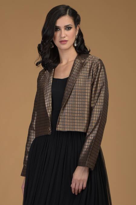 Shop_Talking Threads_Black Silk Brocade Gown Round Jacket Lapel Collar Flared With _Online_at_Aza_Fashions