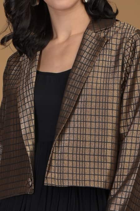 Talking Threads Black Silk Brocade Gown Round Jacket Lapel Collar Flared With at Aza Fashions Talking Threads_Black Silk Brocade Gown Round Jacket Lapel Collar Flared With _at_Aza_Fashions