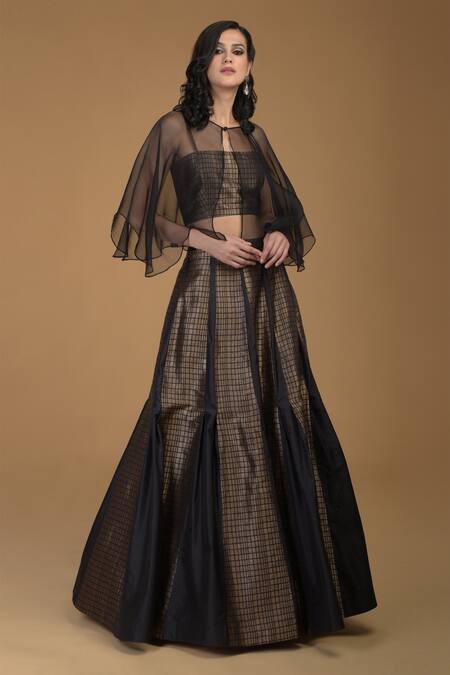 Buy_Talking Threads_Black Silk Brocade Bustier Square Cape Round Skirt And Set  _Online_at_Aza_Fashions