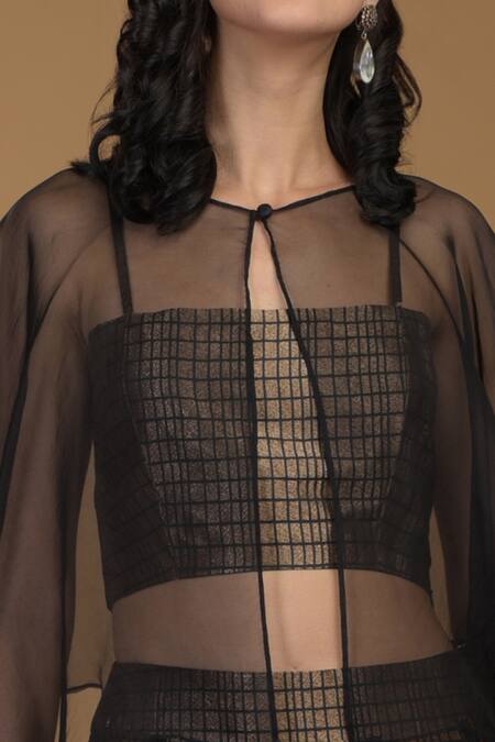 Talking Threads Black Silk Brocade Bustier Square Cape Round Skirt And Set at Aza Fashions Talking Threads_Black Silk Brocade Bustier Square Cape Round Skirt And Set _at_Aza_Fashions