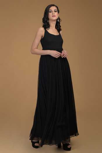 Buy_Talking Threads_Black Chiffon Flared Maxi Dress_Online_at_Aza_Fashions