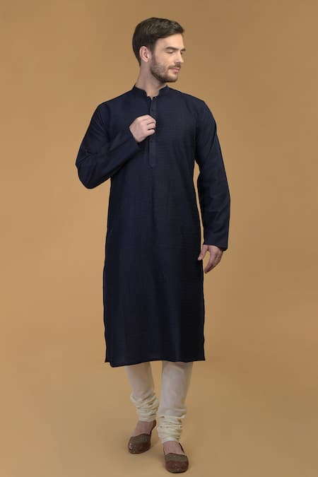 Talking Threads Blue Premium Rayon Embroidered Pintuck And Kantha Work Kurta  