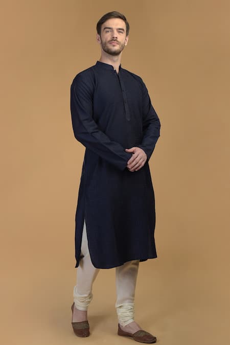 Talking Threads_Blue Premium Rayon Kantha, Pintuck And Work Kurta_Online_at_Aza_Fashions