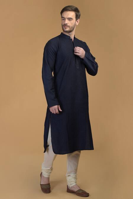 Shop_Talking Threads_Blue Premium Rayon Kantha, Pintuck And Work Kurta_Online_at_Aza_Fashions