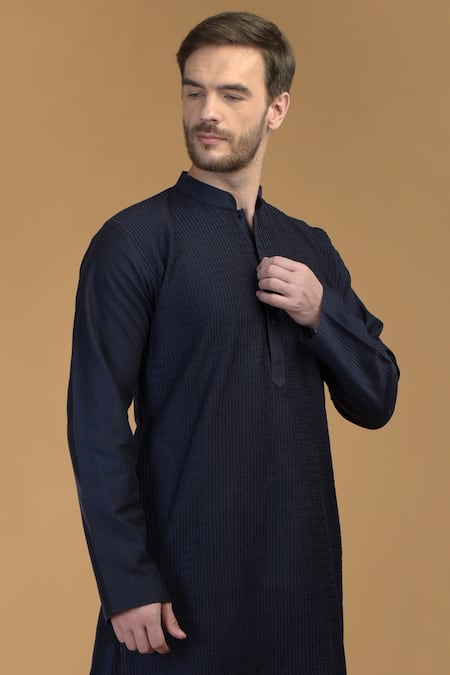 Talking Threads_Blue Premium Rayon Kantha, Pintuck And Work Kurta_at_Aza_Fashions
