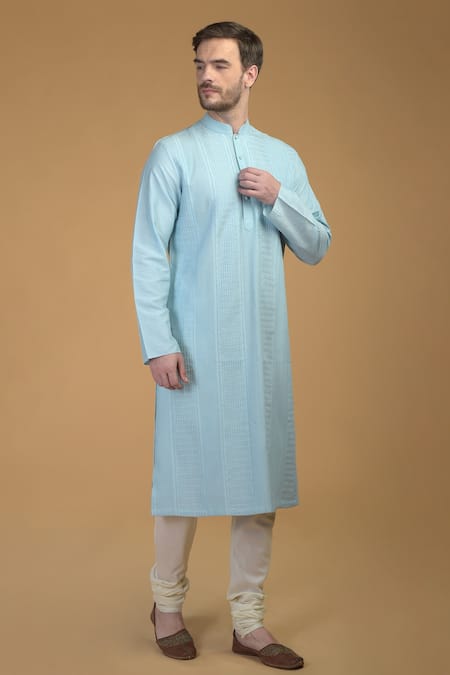 Talking Threads_Blue Premium Rayon Kantha, Pintuck And Work Kurta_Online_at_Aza_Fashions