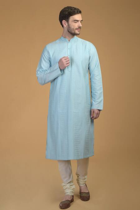 Shop_Talking Threads_Blue Premium Rayon Kantha, Pintuck And Work Kurta_Online_at_Aza_Fashions