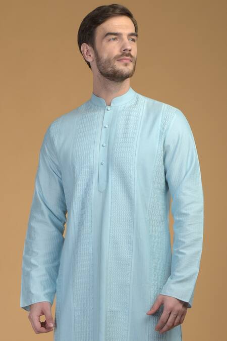 Talking Threads_Blue Premium Rayon Kantha, Pintuck And Work Kurta_at_Aza_Fashions