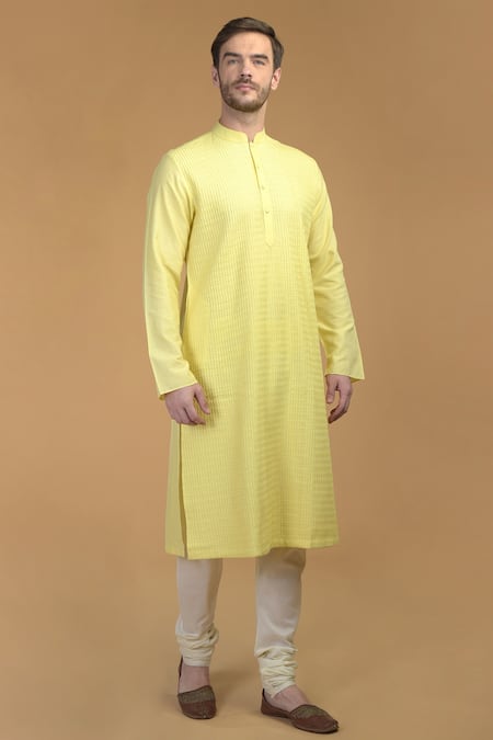 Talking Threads_Yellow Premium Rayon Kantha, Pintuck And Work Kurta_Online_at_Aza_Fashions