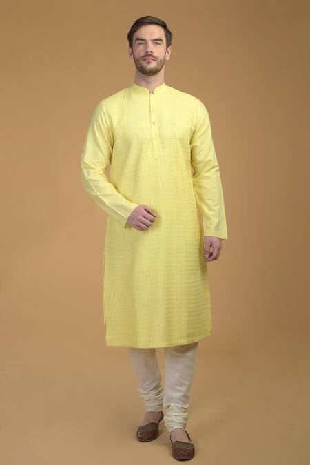 Buy_Talking Threads_Yellow Premium Rayon Kantha, Pintuck And Work Kurta_Online_at_Aza_Fashions