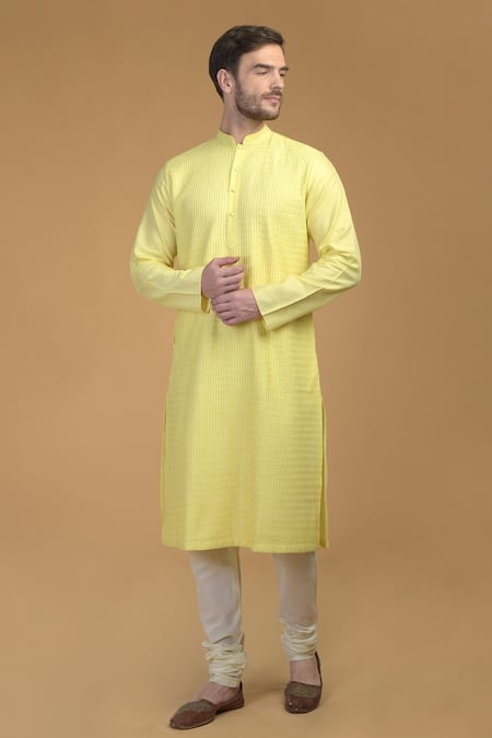 Shop_Talking Threads_Yellow Premium Rayon Kantha, Pintuck And Work Kurta_Online_at_Aza_Fashions