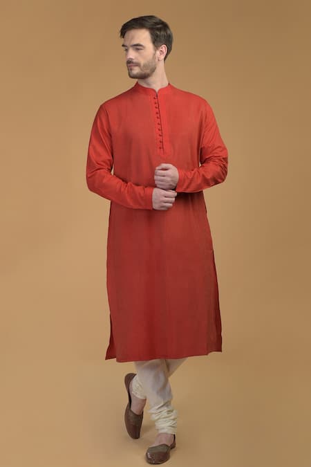 Talking Threads Red Premium Rayon Embroidered Pintuck And Kantha Work Kurta  