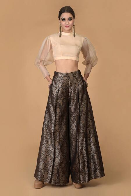 Talking Threads_Red Silk Brocade Palazzo Set_Online_at_Aza_Fashions