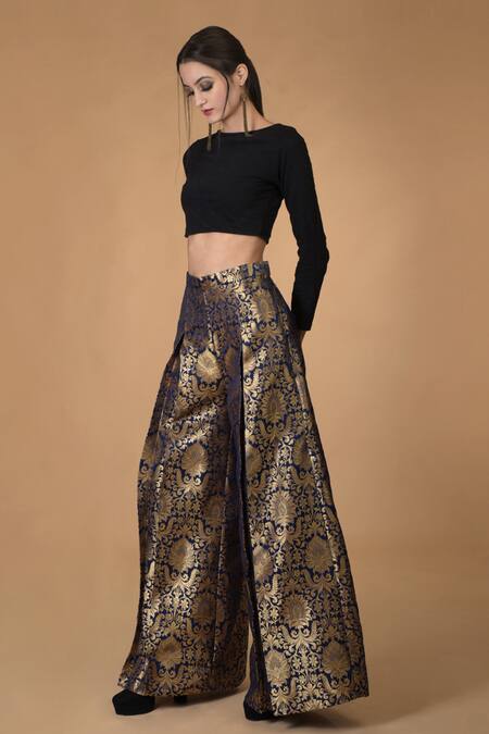 Talking Threads_Black Silk Brocade Palazzo Set_Online_at_Aza_Fashions