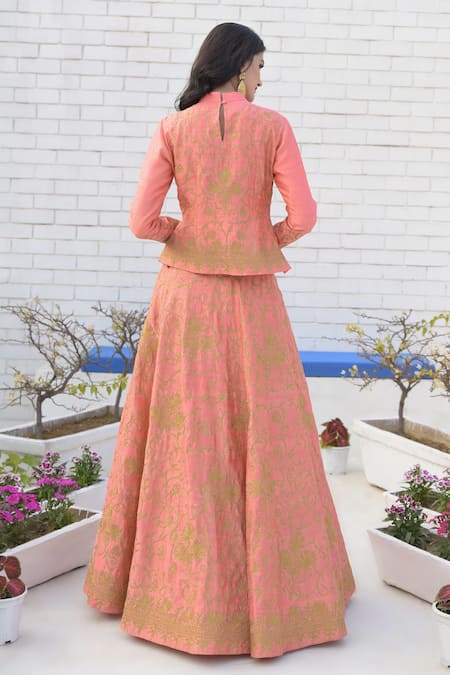 Shop Talking Threads Peach Raw Silk High Neck Embroidered Short Kurta And Lehenga Set at Aza Fashions Shop_Talking Threads_Peach Raw Silk High Neck Embroidered Short Kurta And Lehenga Set _at_Aza_Fashions