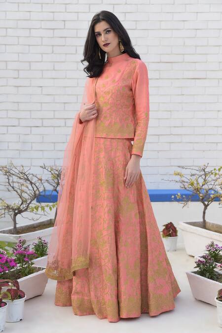 Shop Talking Threads Peach Raw Silk High Neck Embroidered Short Kurta And Lehenga Set Online at Aza Fashions Shop_Talking Threads_Peach Raw Silk High Neck Embroidered Short Kurta And Lehenga Set _Online_at_Aza_Fashions