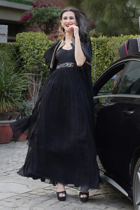 Buy Talking Threads Black Silk Brocade Gown Round Jacket Mandarin Chiffon Flared With Online at Aza Fashions Buy_Talking Threads_Black Silk Brocade Gown Round Jacket Mandarin Chiffon Flared With _Online_at_Aza_Fashions