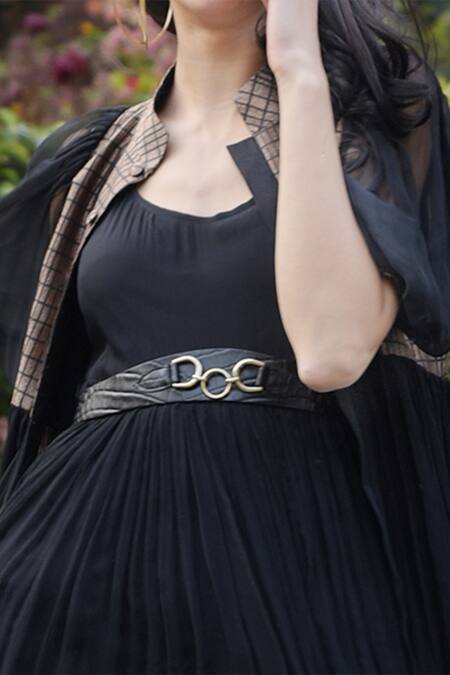 Shop Talking Threads Black Silk Brocade Gown Round Jacket Mandarin Chiffon Flared With Online at Aza Fashions Shop_Talking Threads_Black Silk Brocade Gown Round Jacket Mandarin Chiffon Flared With _Online_at_Aza_Fashions