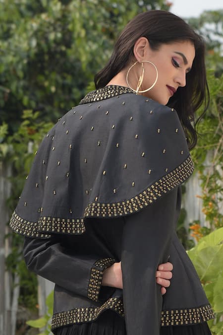 Shop Talking Threads Black Silk Dupion Embroidered Jacket at Aza Fashions Shop_Talking Threads_Black Silk Dupion Embroidered Jacket _at_Aza_Fashions