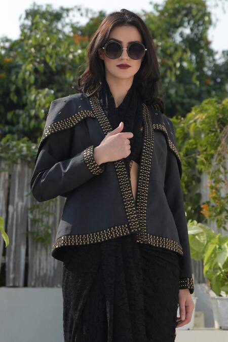 Talking Threads Black Silk Dupion Embroidered Jacket Online at Aza Fashions Talking Threads_Black Silk Dupion Embroidered Jacket _Online_at_Aza_Fashions