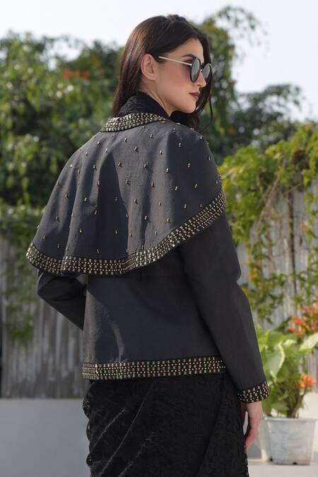 Buy Talking Threads Black Silk Dupion Embroidered Jacket Online at Aza Fashions Buy_Talking Threads_Black Silk Dupion Embroidered Jacket _Online_at_Aza_Fashions