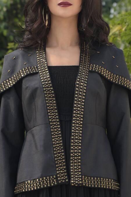 Shop Talking Threads Black Silk Dupion Embroidered Jacket Online at Aza Fashions Shop_Talking Threads_Black Silk Dupion Embroidered Jacket _Online_at_Aza_Fashions