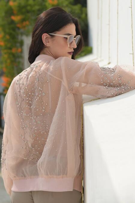 Shop Talking Threads Peach Silk Organza Embroidered Bomber Jacket at Aza Fashions Shop_Talking Threads_Peach Silk Organza Embroidered Bomber Jacket _at_Aza_Fashions