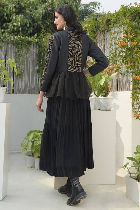 Shop Talking Threads Black Silk Dupion Embroidered Peplum Jacket at Aza Fashions Shop_Talking Threads_Black Silk Dupion Embroidered Peplum Jacket _at_Aza_Fashions