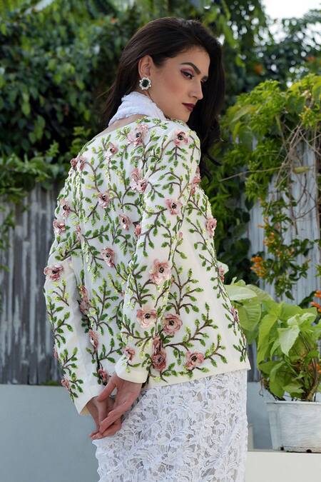 Shop_Talking Threads_White Pure Silk Chiffon Embroidered Jacket  _at_Aza_Fashions