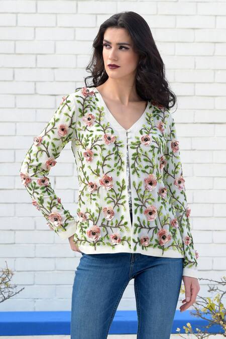 Talking Threads_White Pure Silk Chiffon Embroidered Jacket  _Online_at_Aza_Fashions